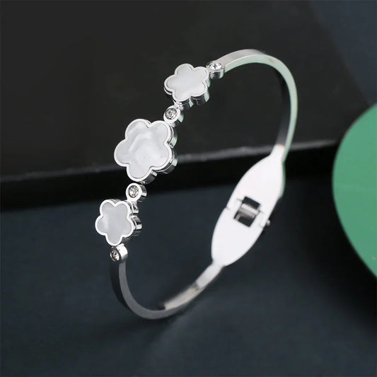Fiona Three White Clover Hinged Bangle Bracelet