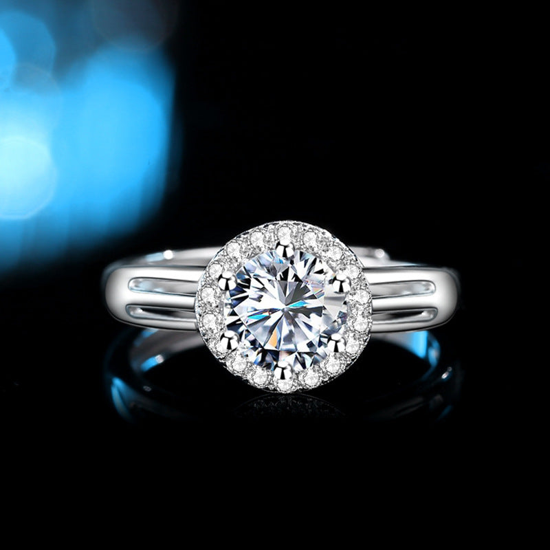 1 Carat Solitaire Moissanite Halo Ring with Split Shank Design, Platinum Overlay Sterling Silver - Adjustable Size