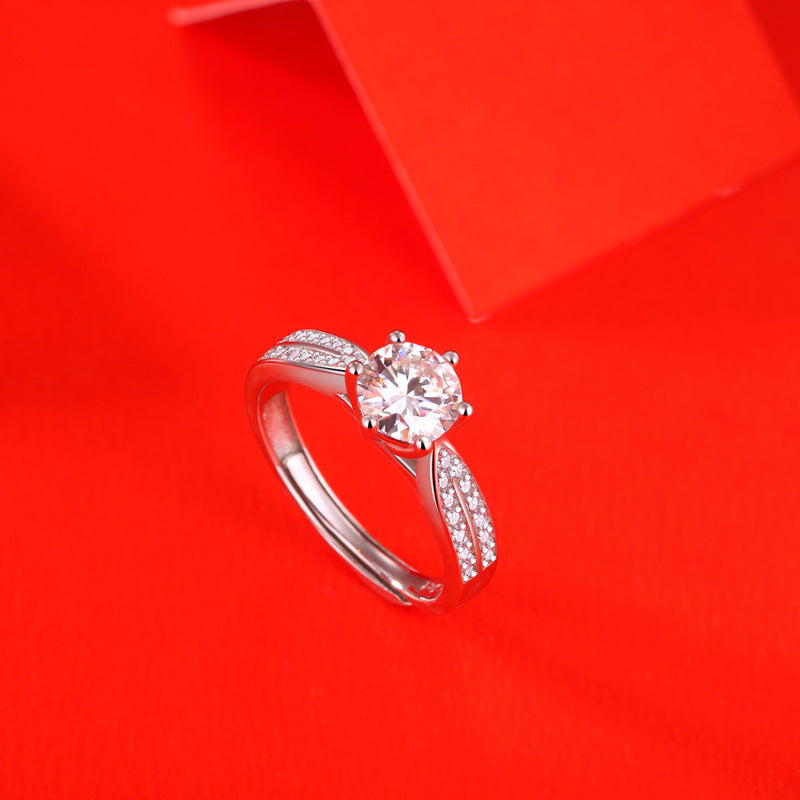 1 Carat Solitaire Moissanite Ring with Pavé Side Stones, Platinum Overlay Sterling Silver - Adjustable Size