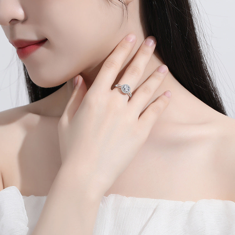 1 Carat Solitaire Moissanite Halo Ring with Split Shank Design, Platinum Overlay Sterling Silver - Adjustable Size