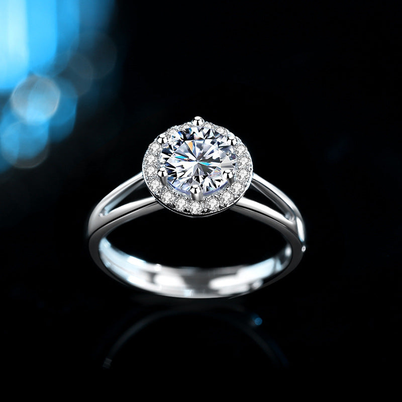 1 Carat Solitaire Moissanite Halo Ring with Split Shank Design, Platinum Overlay Sterling Silver - Adjustable Size