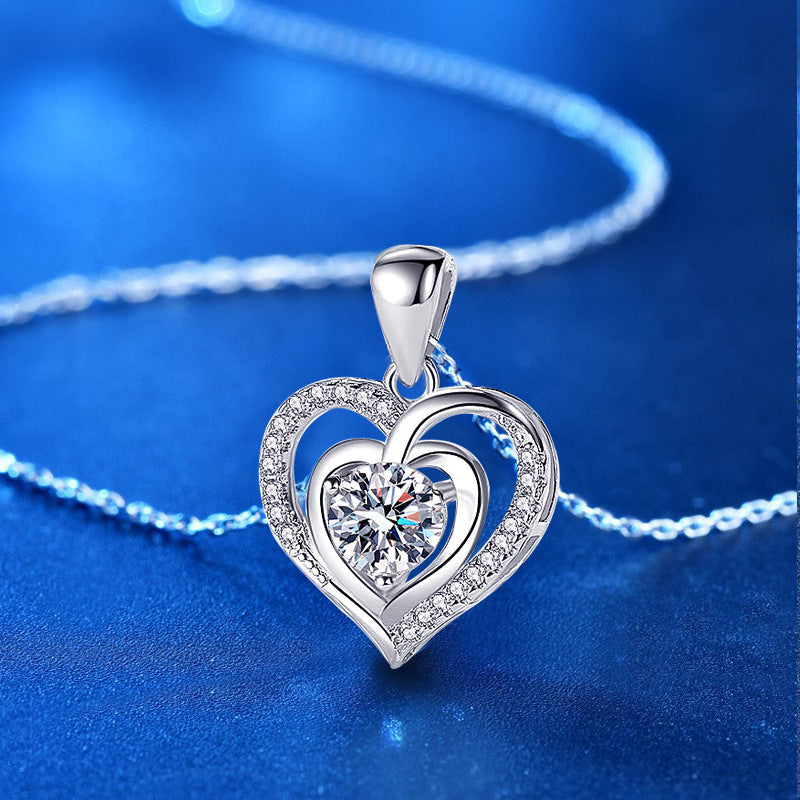 1 Carat Radiant Cut Moissanite in Heart Shaped Pendant with Chain in Platinum Overlay Sterling Silver, GRA Certified