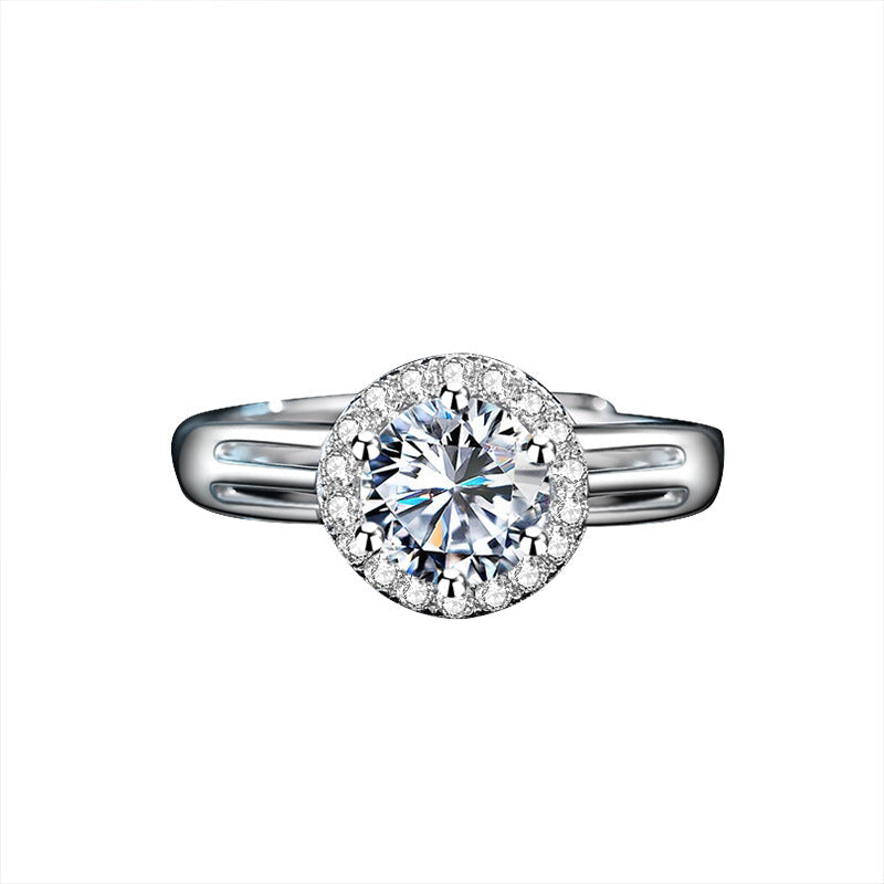 1 Carat Solitaire Moissanite Halo Ring with Split Shank Design, Platinum Overlay Sterling Silver - Adjustable Size