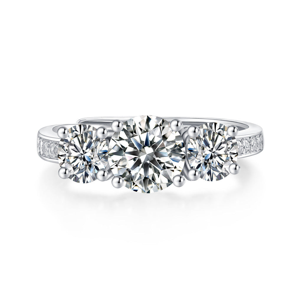 Triple Moissanite Ring with Pavé Side Stones, Platinum Overlay Sterling Silver - Adjustable Size