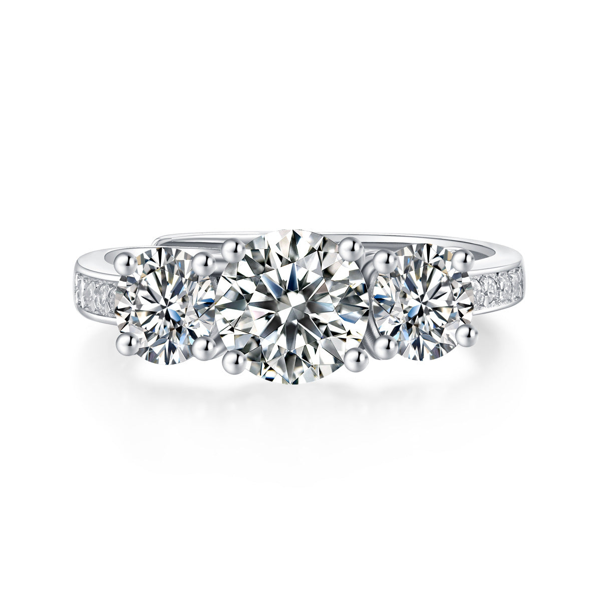 Triple Moissanite Ring with Pavé Side Stones, Platinum Overlay Sterling Silver - Adjustable Size