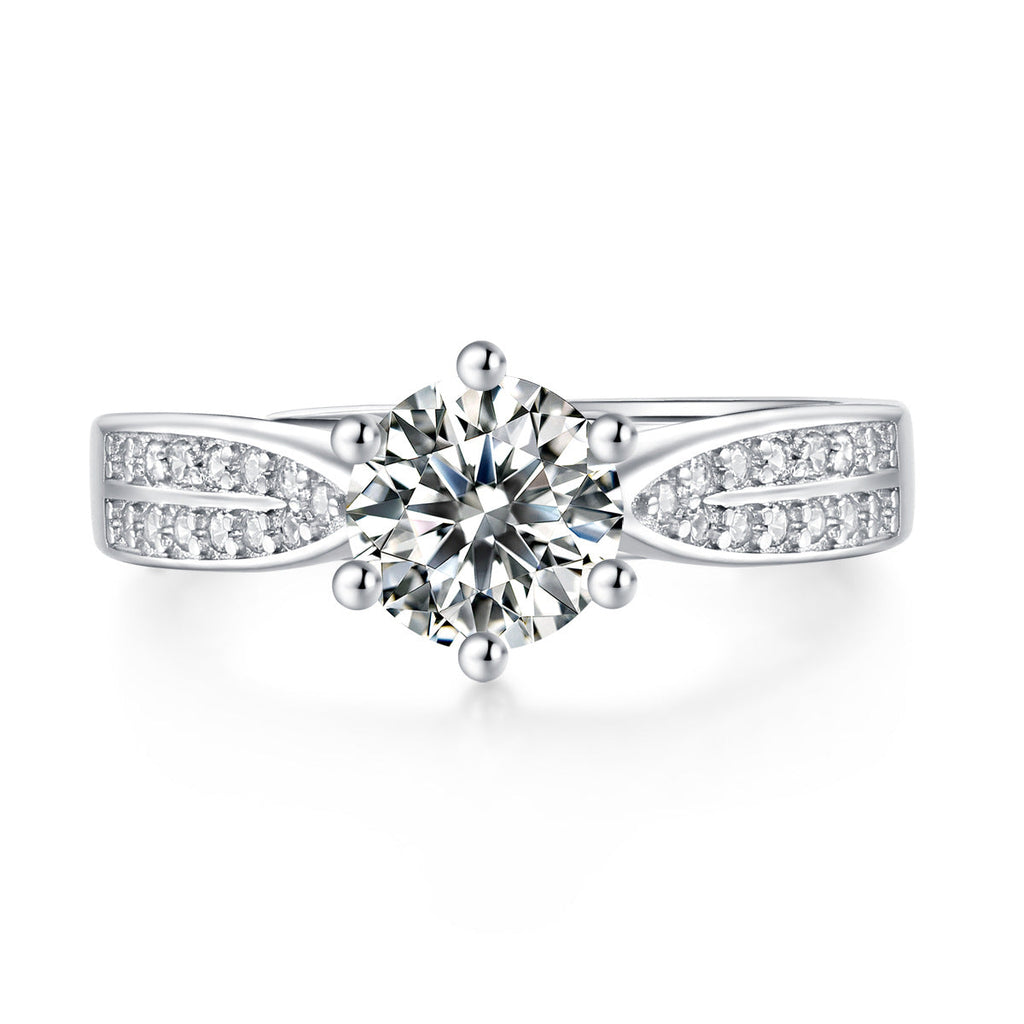 1 Carat Solitaire Moissanite Ring with Pavé Side Stones, Platinum Overlay Sterling Silver - Adjustable Size