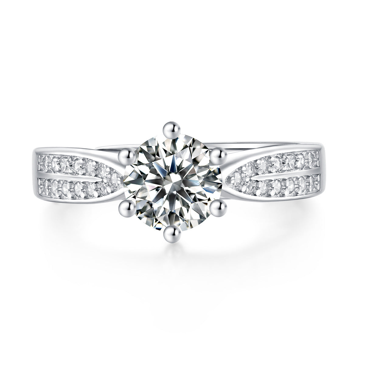 1 Carat Solitaire Moissanite Ring with Pavé Side Stones, Platinum Overlay Sterling Silver - Adjustable Size