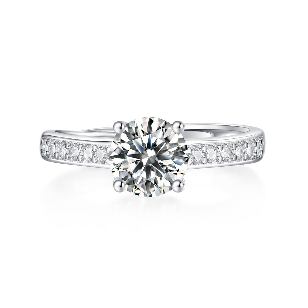 1 Carat Solitaire Moissanite Ring with Pavé Side Stones, Platinum Overlay Sterling Silver - Adjustable Size