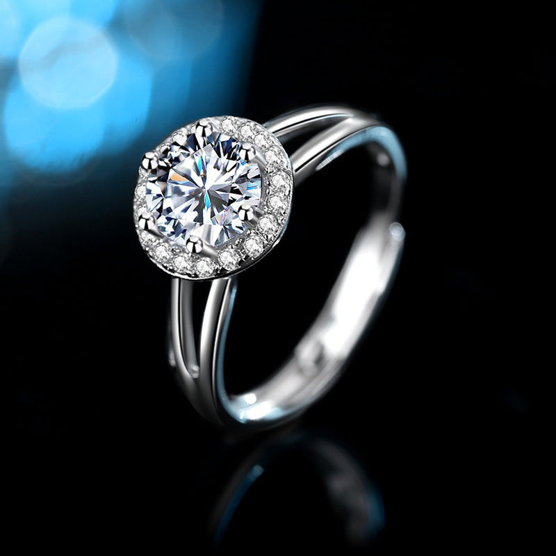 1 Carat Solitaire Moissanite Halo Ring with Split Shank Design, Platinum Overlay Sterling Silver - Adjustable Size