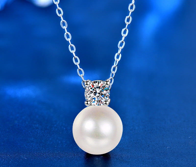 All Time Favourite Round Moissanite with Pearl Drop Pendant Necklace in Platinum Overlay Sterling Silver, GRA Certified