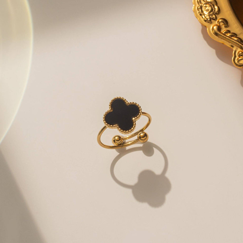 Alora Four-Leaf Black Clover Adjustable Ring | Waterproof 18k Gold
