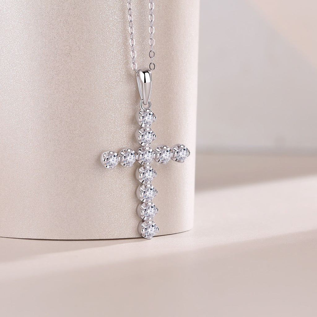 Divinity - Moissanite Cross Pendant with Chain in Platinum Overlay Sterling Silver, GRA Certified