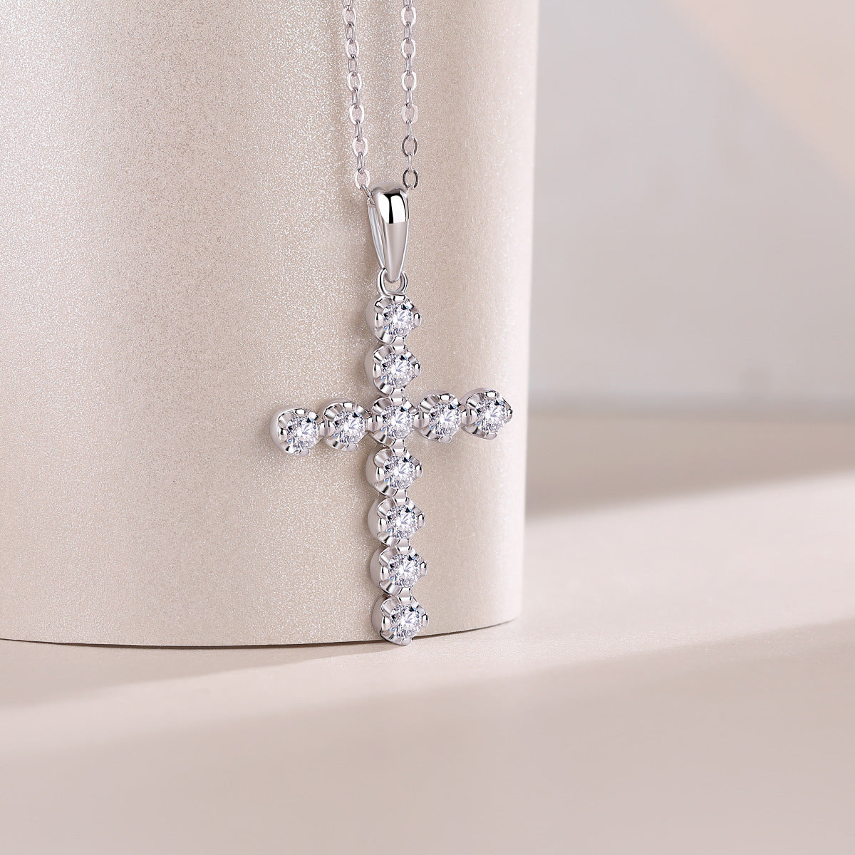 Divinity - Moissanite Cross Pendant with Chain in Platinum Overlay Sterling Silver, GRA Certified