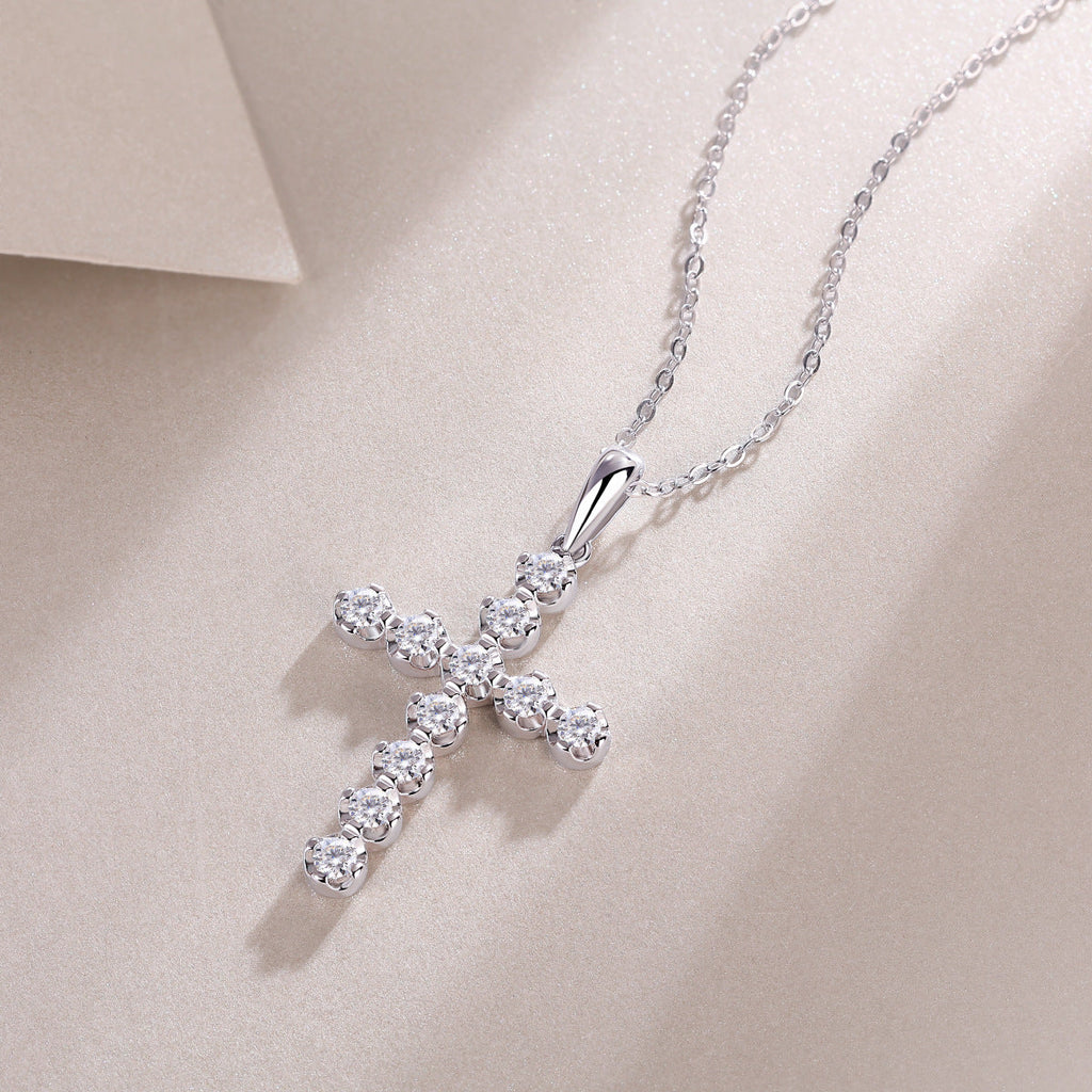Divinity - Moissanite Cross Pendant with Chain in Platinum Overlay Sterling Silver, GRA Certified