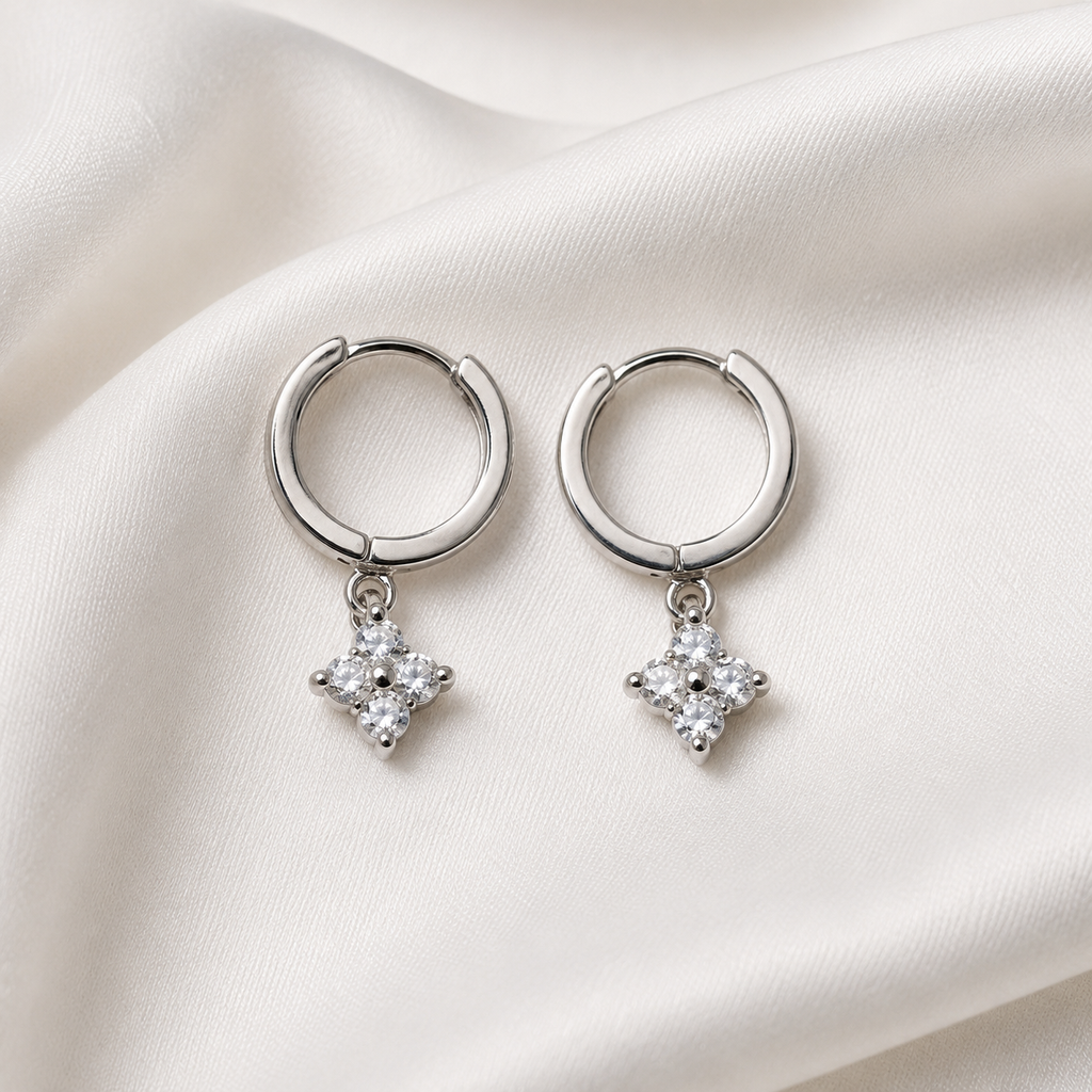 Skye Cubic Zirconia Clover Charm Hoops - Silver