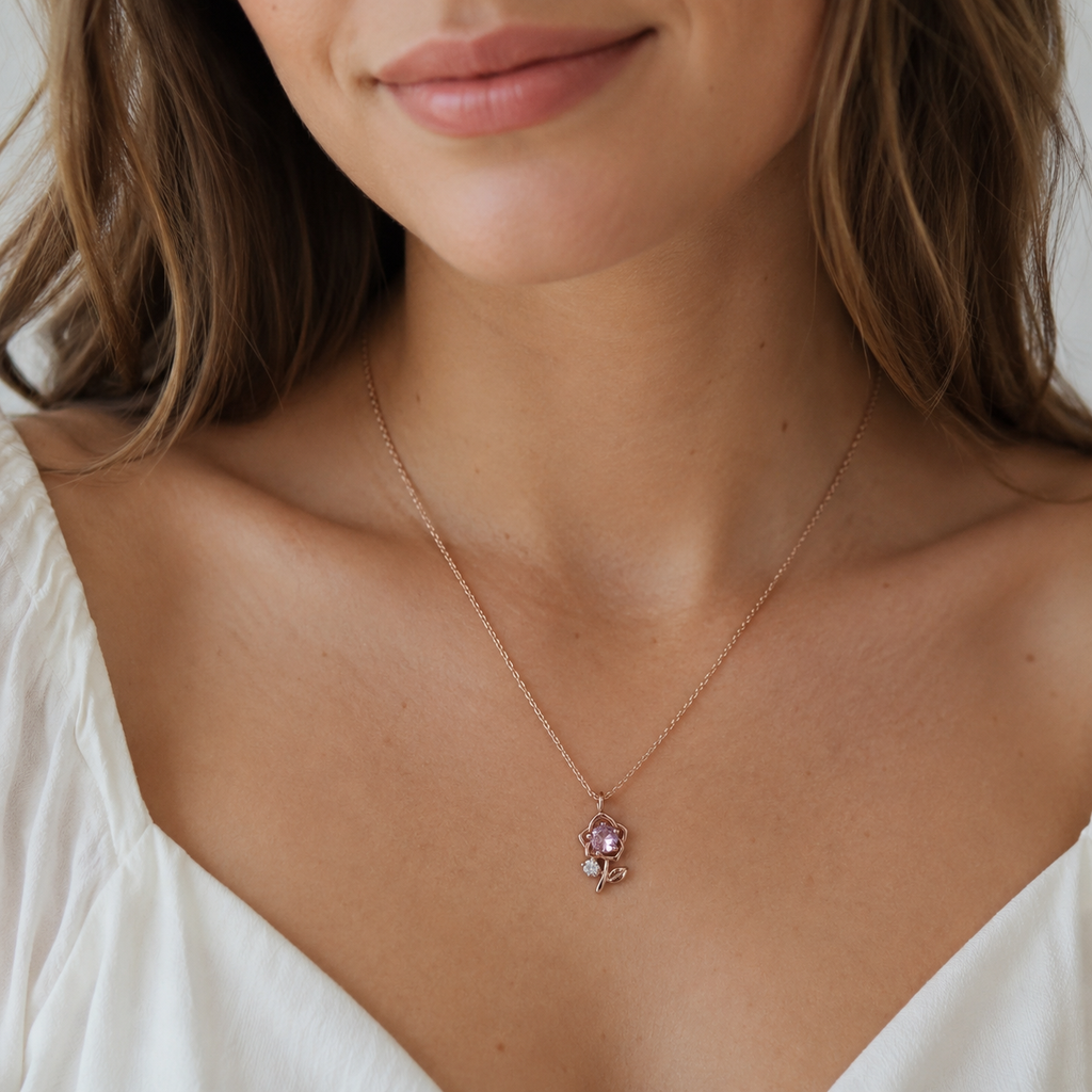 Ciara Pink Crystal Rose Necklace- Rose gold