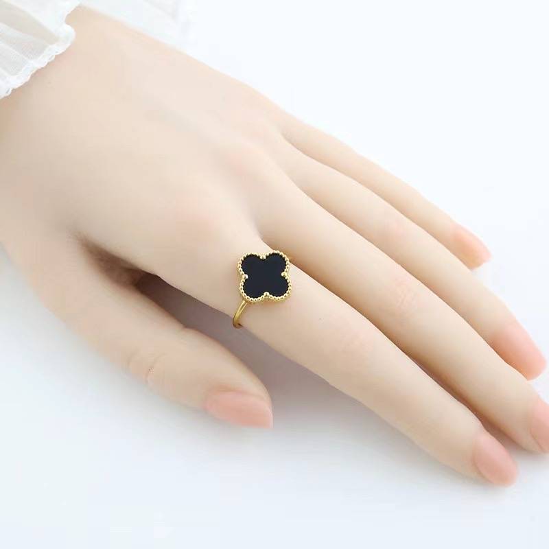 Alora Four-Leaf Black Clover Adjustable Ring | Waterproof 18k Gold