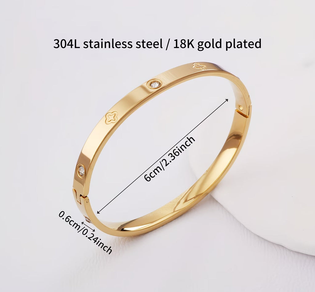 Roisin Engraved Clover & Stone Hinged Bangle Bracelet