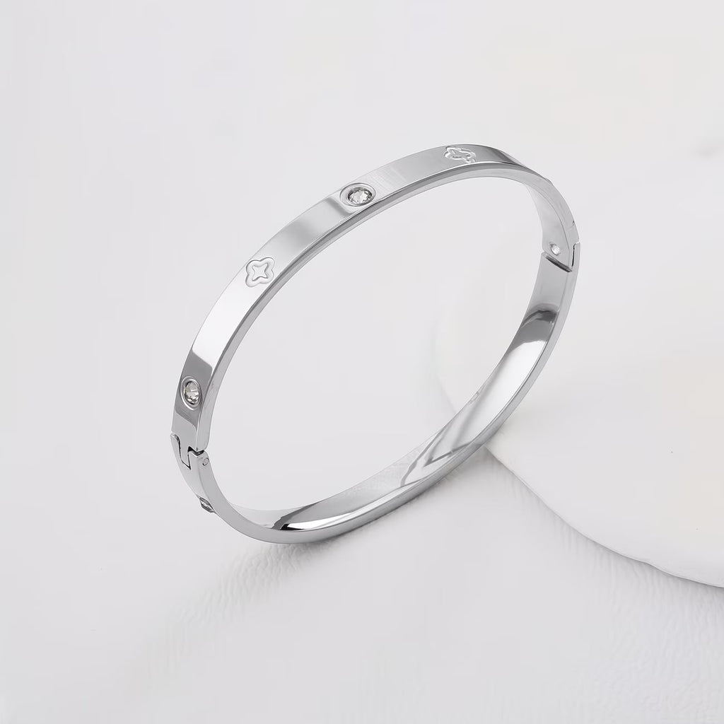 Roisin Engraved Clover & Stone Hinged Bangle Bracelet