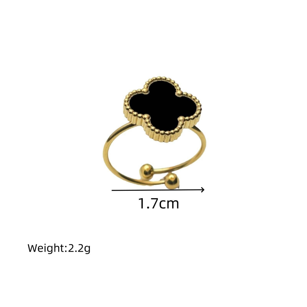 Alora Four-Leaf Black Clover Adjustable Ring | Waterproof 18k Gold