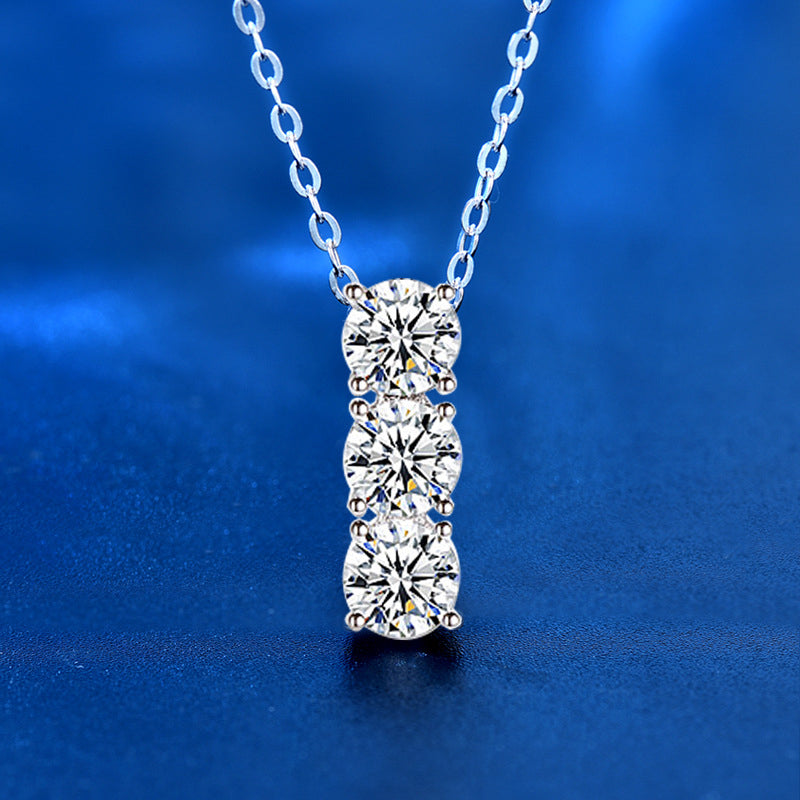 Trio of Brilliance: 3-Stone Drop Moissanite Pendant Necklace in Platinum Overlay Sterling Silver, GRA Certified