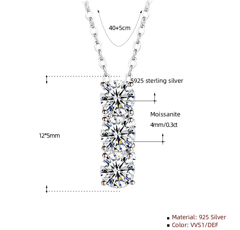 Trio of Brilliance: 3-Stone Drop Moissanite Pendant Necklace in Platinum Overlay Sterling Silver, GRA Certified
