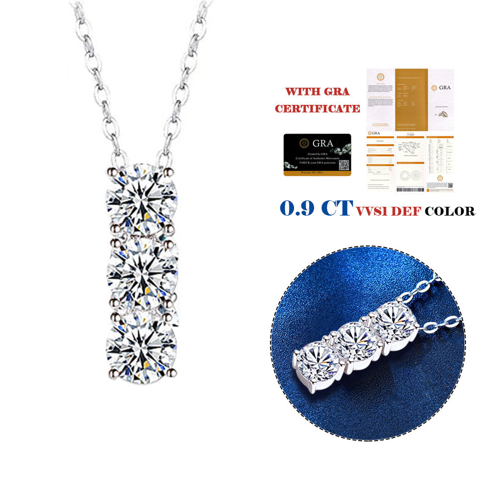 Trio of Brilliance: 3-Stone Drop Moissanite Pendant Necklace in Platinum Overlay Sterling Silver, GRA Certified