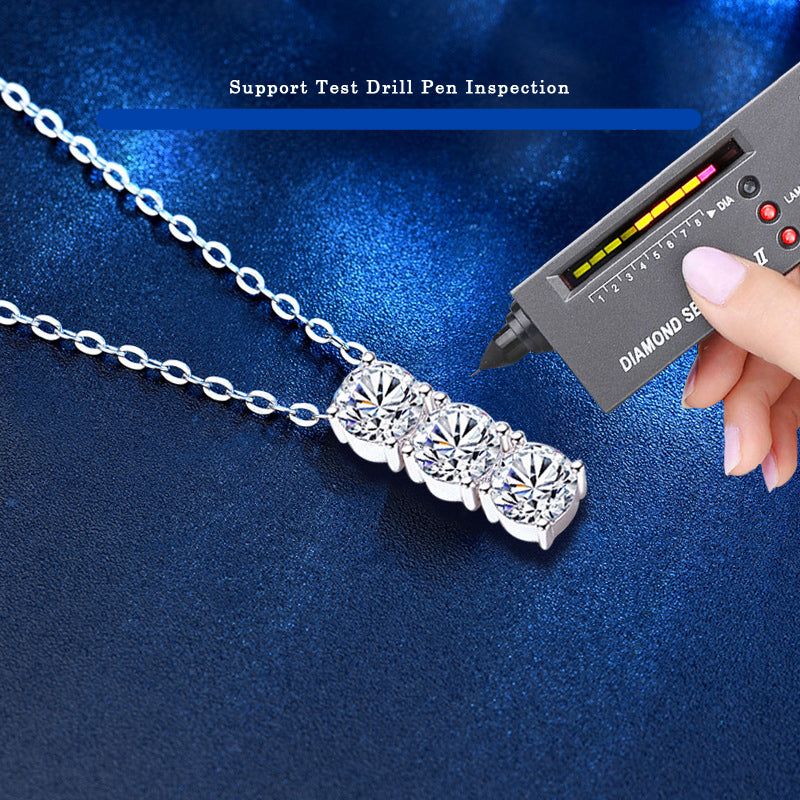 Trio of Brilliance: 3-Stone Drop Moissanite Pendant Necklace in Platinum Overlay Sterling Silver, GRA Certified