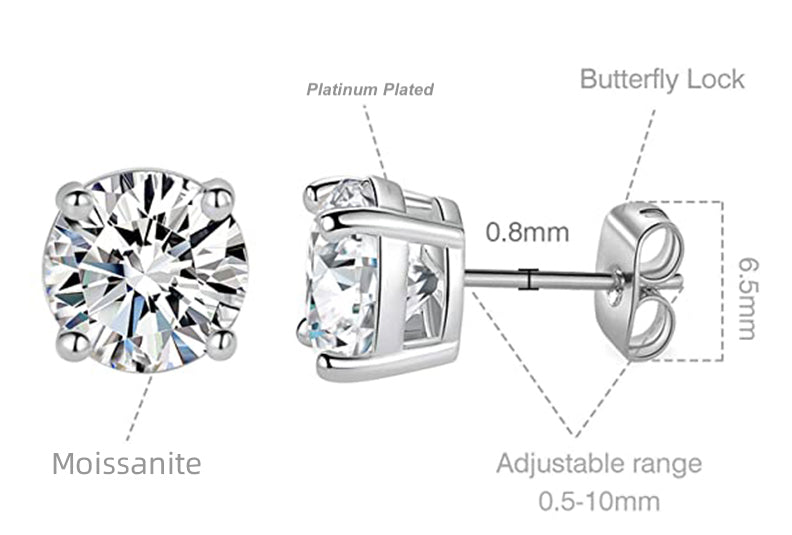 Round Shape Moissanite Solitaire Stud Earrings  in Platinum Overlay Sterling Silver 1 Carat Moissanite GRA Certified