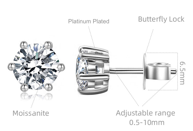 Round Shape Six Prong Moissanite Solitaire Stud Earrings in Platinum Overlay Sterling Silver 1 Carat Moissanite GRA Certified