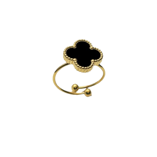 Alora Four-Leaf Black Clover Adjustable Ring | Waterproof 18k Gold