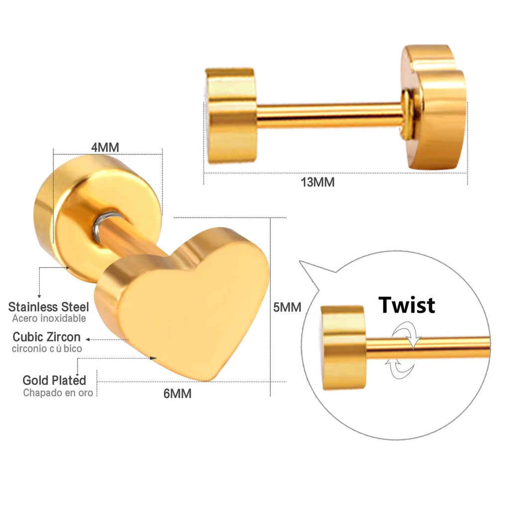 Rosea Heart Secure Screw-Back Studs suitable for lobe, helix & multiple ear piercings