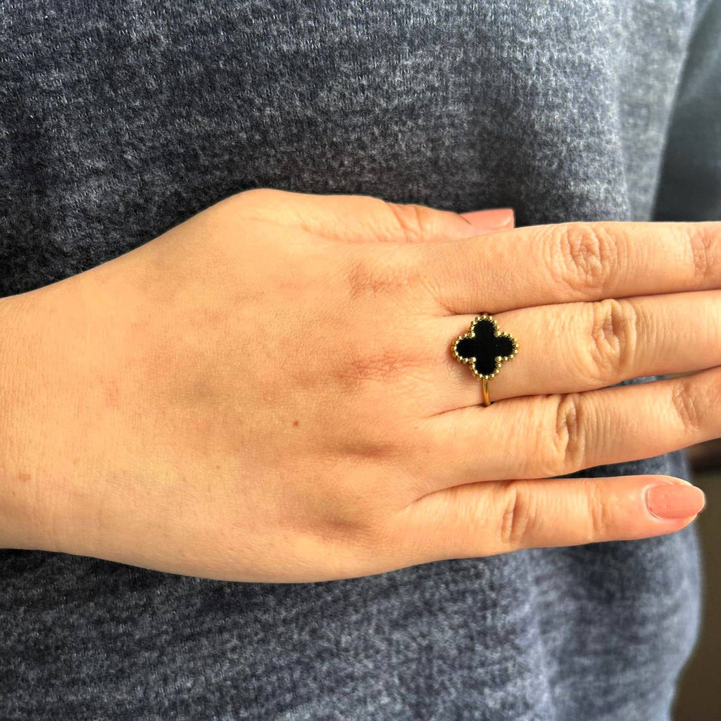 Alora Four-Leaf Black Clover Adjustable Ring | Waterproof 18k Gold