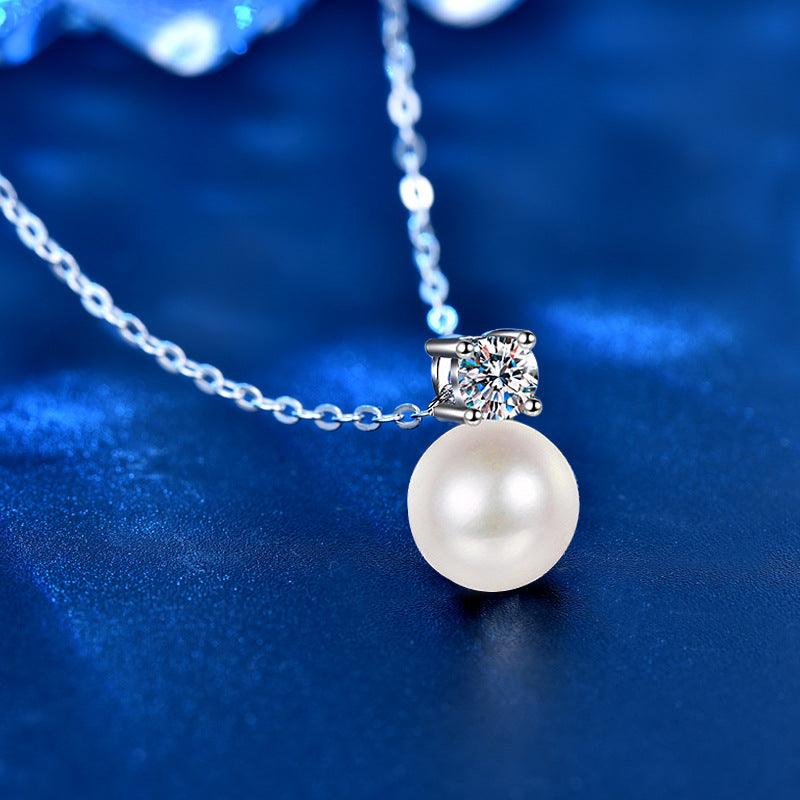 All Time Favourite Round Moissanite with Pearl Drop Pendant Necklace in Platinum Overlay Sterling Silver, GRA Certified