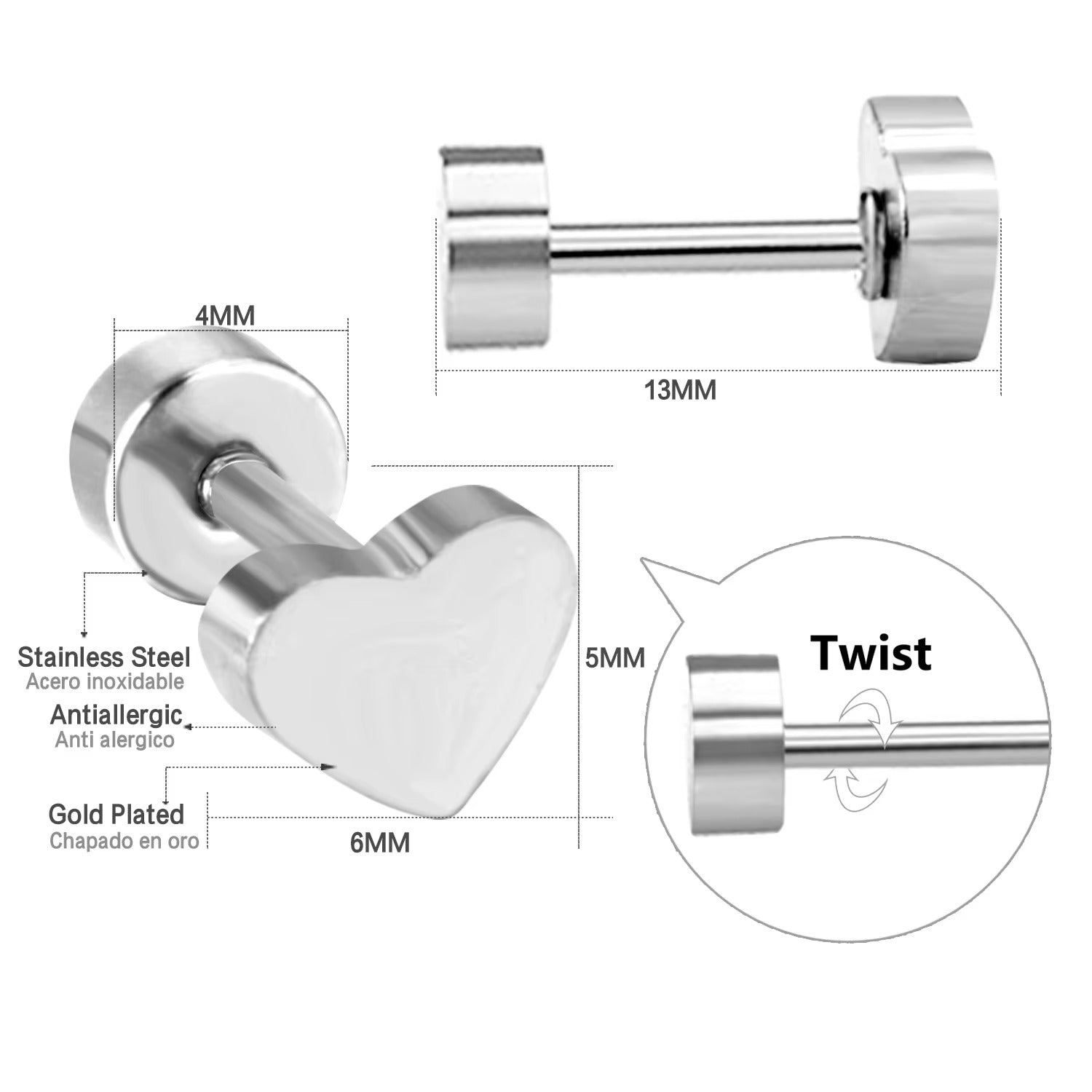 Rosea Heart Secure Screw-Back Studs suitable for lobe, helix & multiple ear piercings