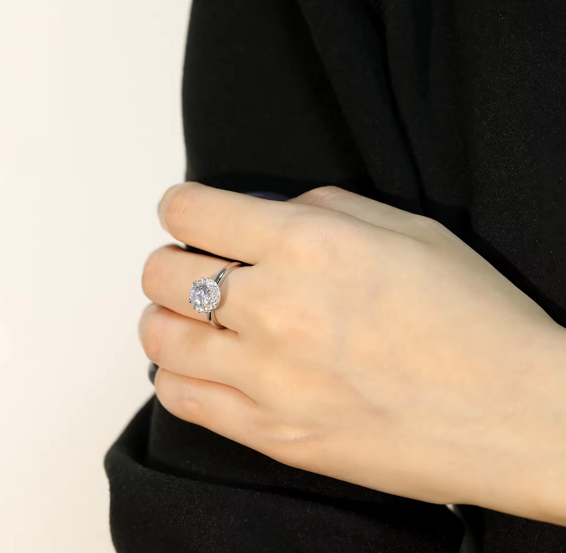 1 Carat Solitaire Moissanite Halo Ring, Platinum Overlay Sterling Silver - Adjustable Size