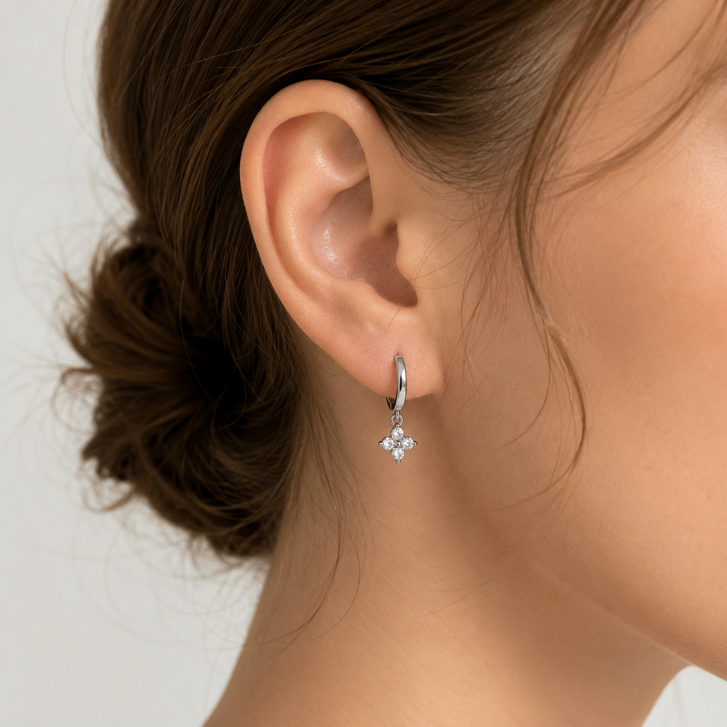 Skye Cubic Zirconia Clover Charm Hoops - Silver