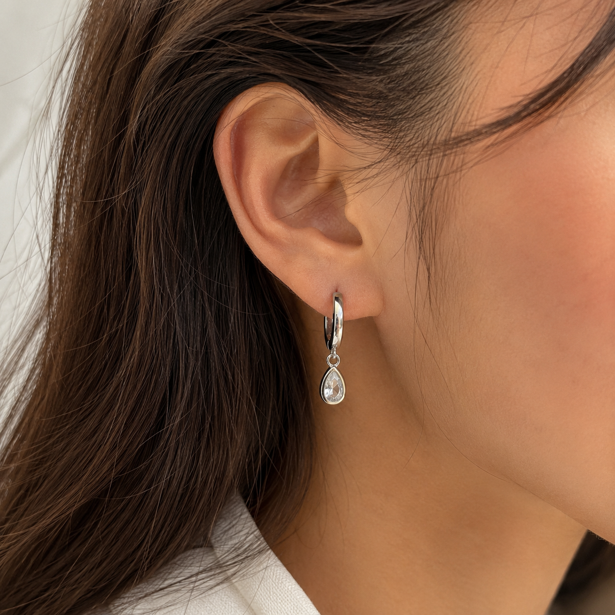Lyra Crystal Drop Hoops- Silver