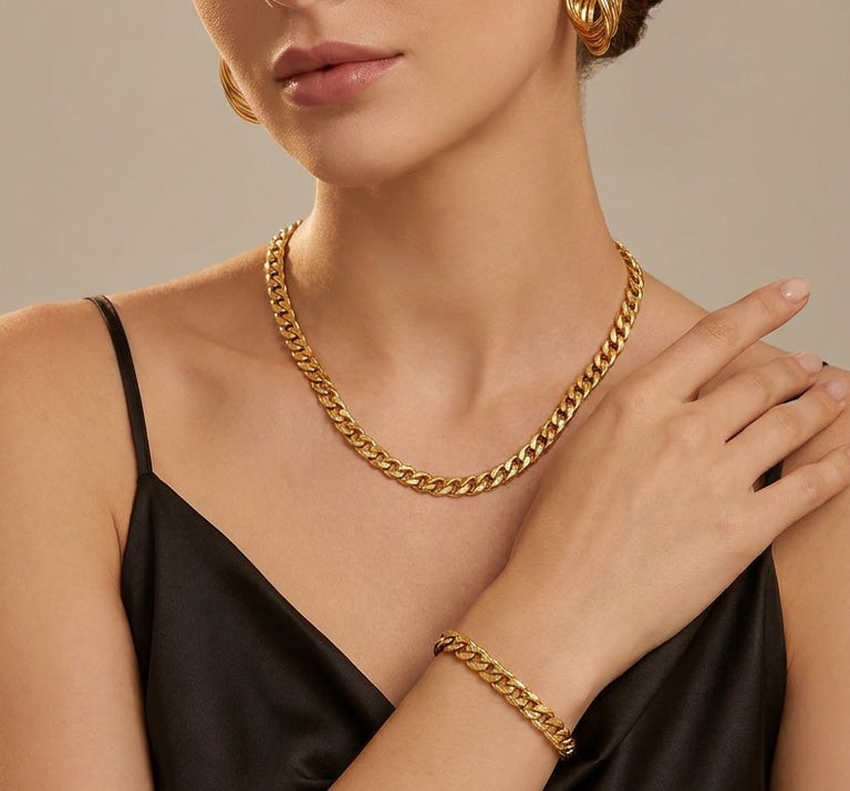 Alexios Cuban Necklace 50cm & Bracelet 22cm Gold Set-Buy Set or Individually