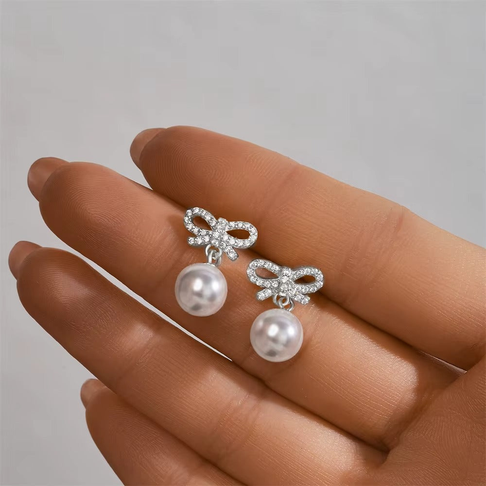 Healdsburg Pearls & Crystal Bow Silver Drops