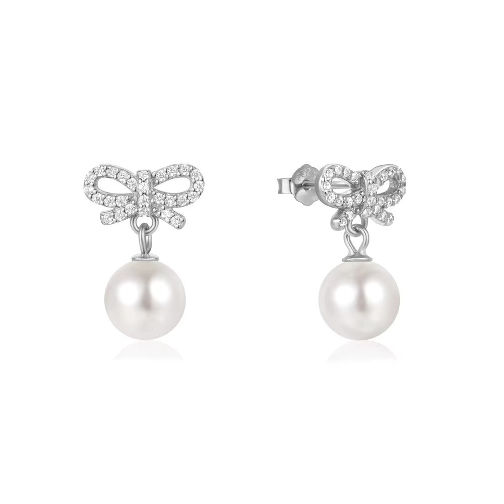 Healdsburg Pearls & Crystal Bow Silver Drops