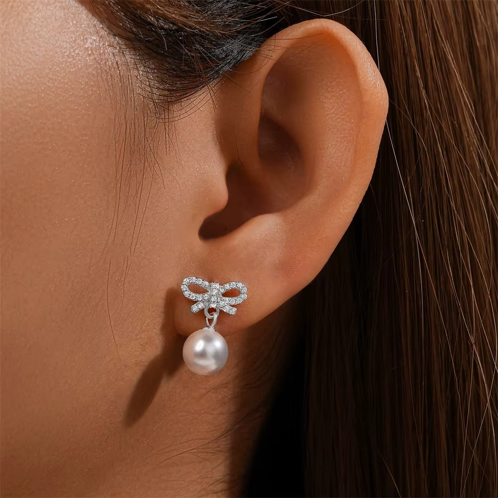 Healdsburg Pearls & Crystal Bow Silver Drops