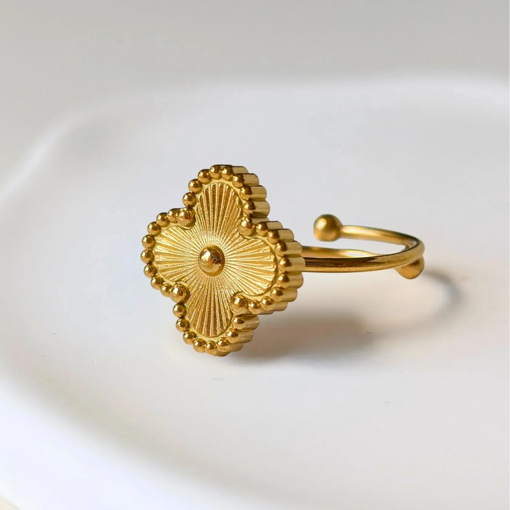 Alora Four-Leaf Gold Clover Adjustable Ring | Waterproof 18k Gold