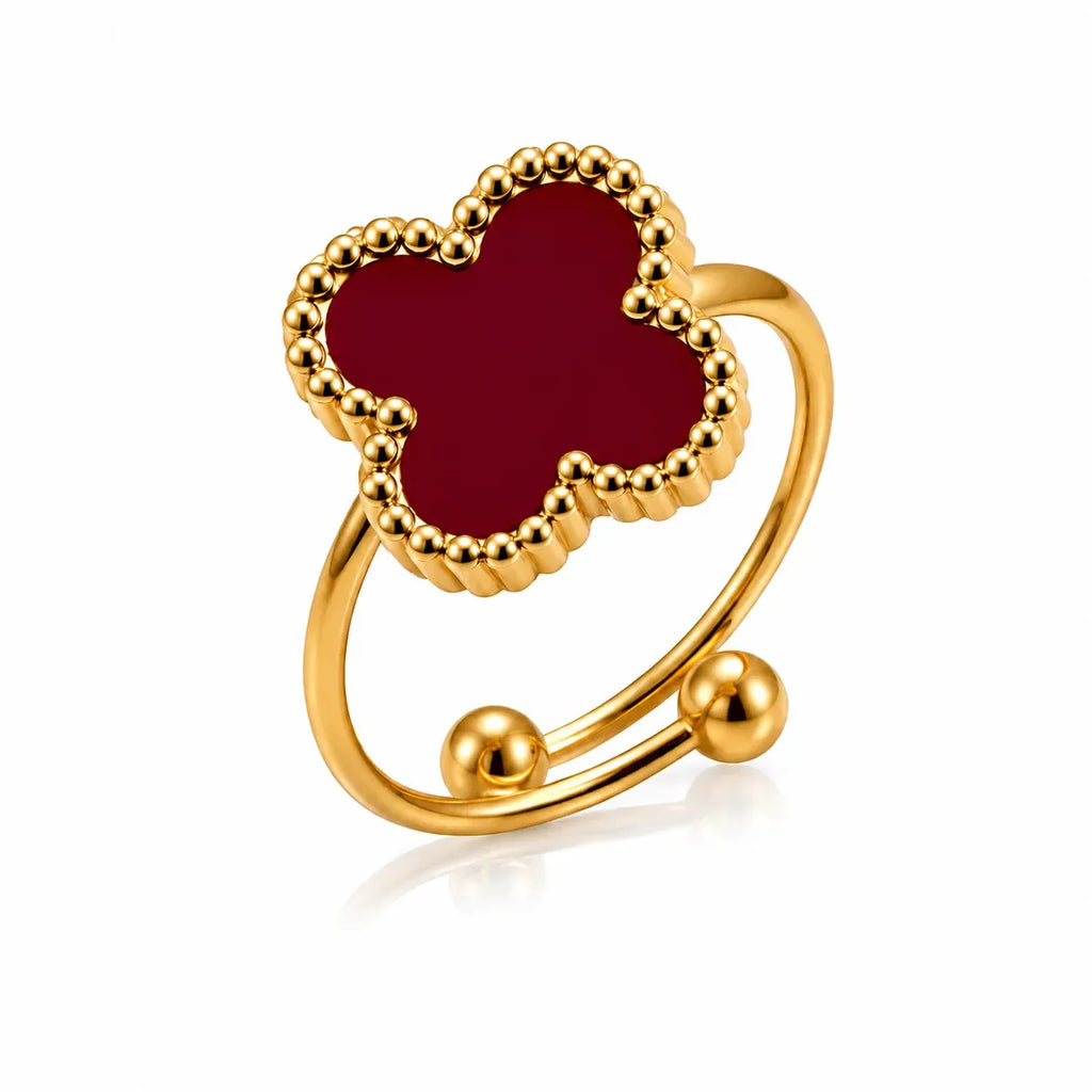 Alora Four-Leaf Red Clover Adjustable Ring | Waterproof 18k Gold