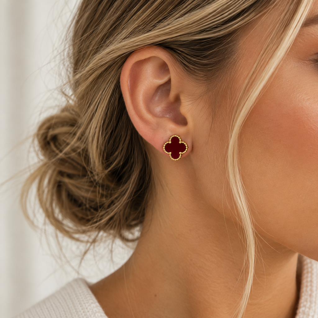 Alora Four-Leaf Red Clover Stud Earrings | Waterproof 18k Gold