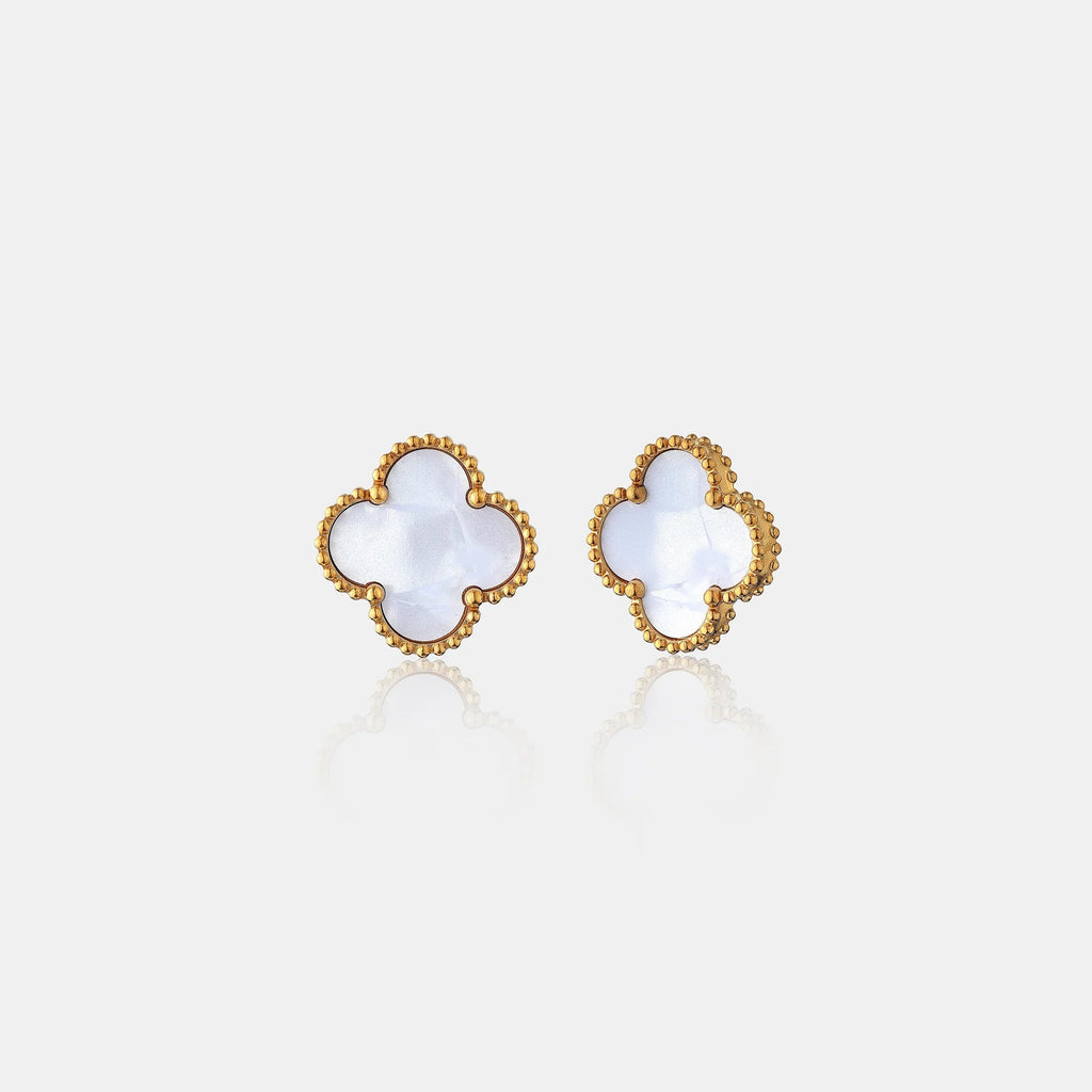 Alora Four-Leaf White Clover Stud Earrings | Waterproof 18k Gold