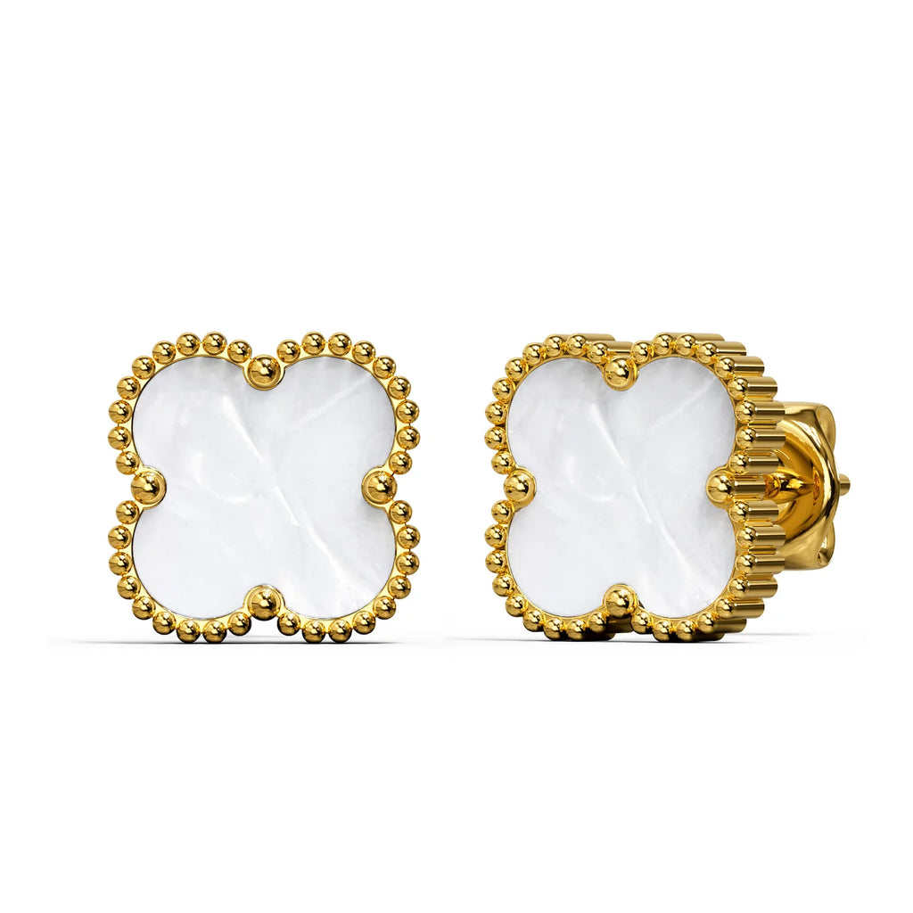 Alora Four-Leaf White Clover Stud Earrings | Waterproof 18k Gold