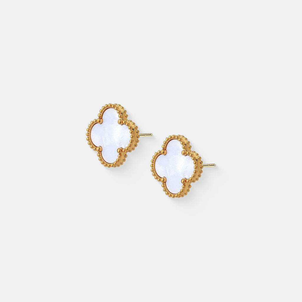 Alora Four-Leaf White Clover Stud Earrings | Waterproof 18k Gold