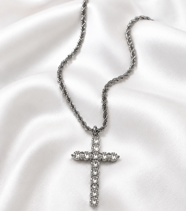 Amaila CZ Diamond Cross Necklace | Waterproof Silver