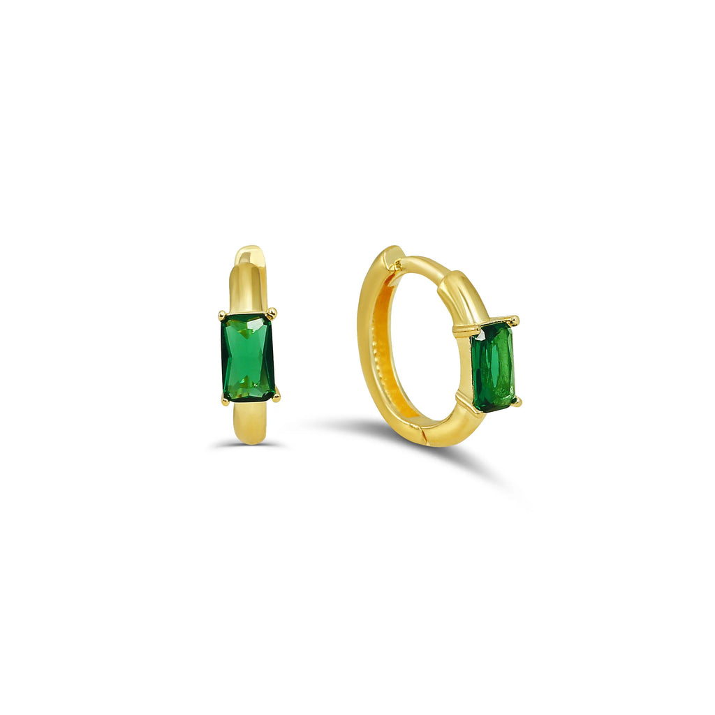 Amara Baguette Emerald Green Huggie Earrings | Waterproof 18k Gold